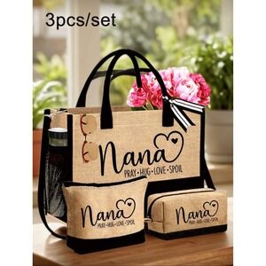Nana Burlap Tote Bag 3pc Set Jute Beach Bag Makeup Pouch Pray Hug Love Spoil